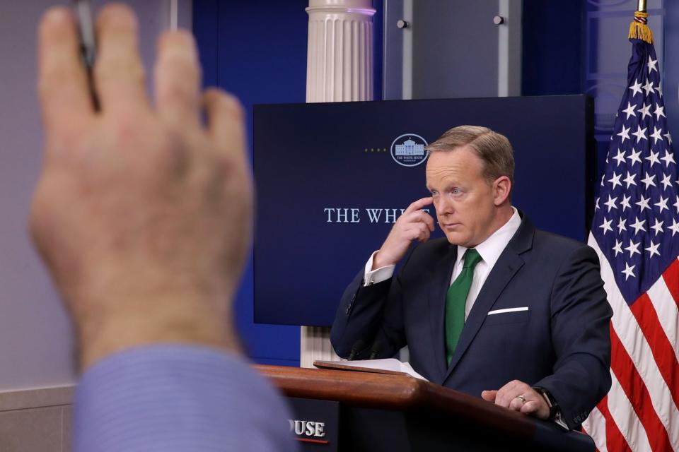 Press secretary Sean Spicer takes questions in the White House Brady Press Briefing Room on March 16. (Photo: Chip Somodevilla/Getty Images)