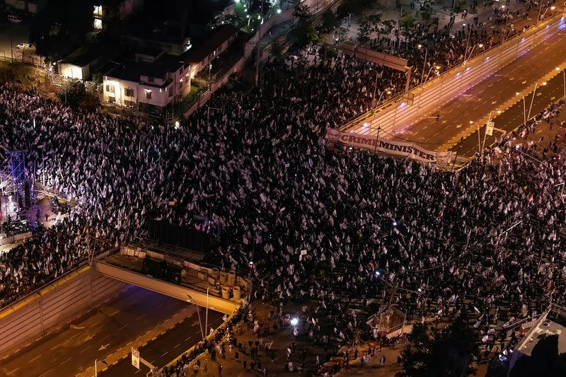 Protest against Prime Minister Benjamin Netanyahu's new right-wing coalition and its proposed judicial reforms to reduce powers of the Supreme Court, in Tel Aviv