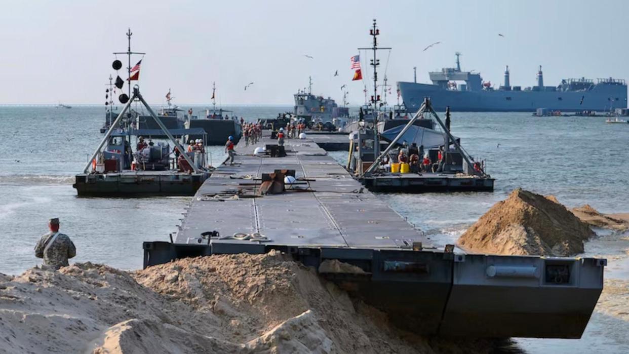 PHOTO: The Trident pier rests on the shore of Fort Story, Va., during the preliminary stages of the Joint Logistics-Over-the-Shore exercise, Aug. 17, 2012. (DVIDS)