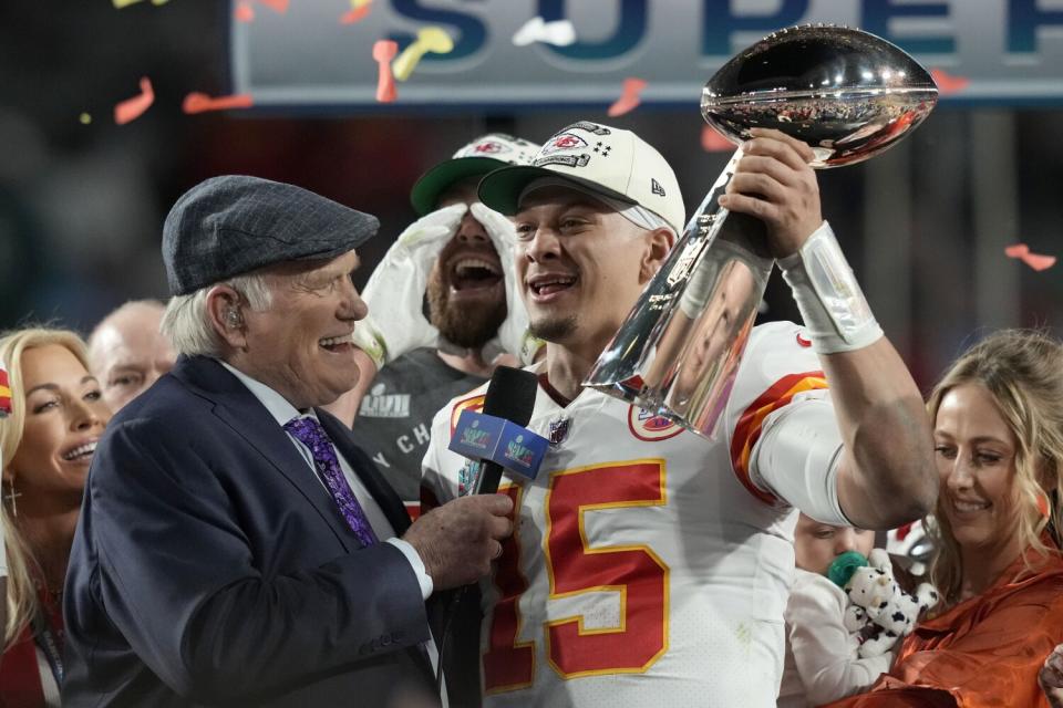 Kansas City Chiefs quarterback Patrick Mahomes (15) is interviewed by Terry Bradshaw.