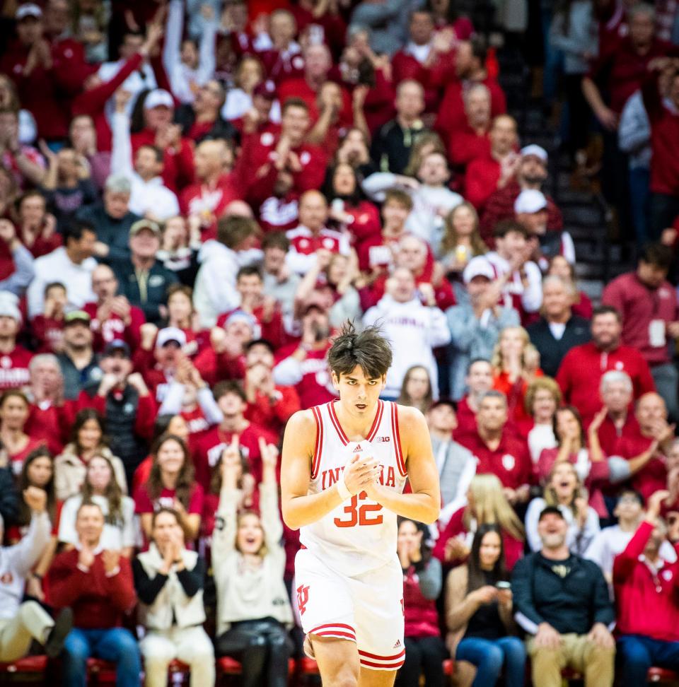 Indiana's Trey Galloway (32) celebrates a basket during the first half of the Indiana versus Purdue men's basketball game at Simon Skjodt Assembly Hall on Saturday, Feb. 4, 2023.