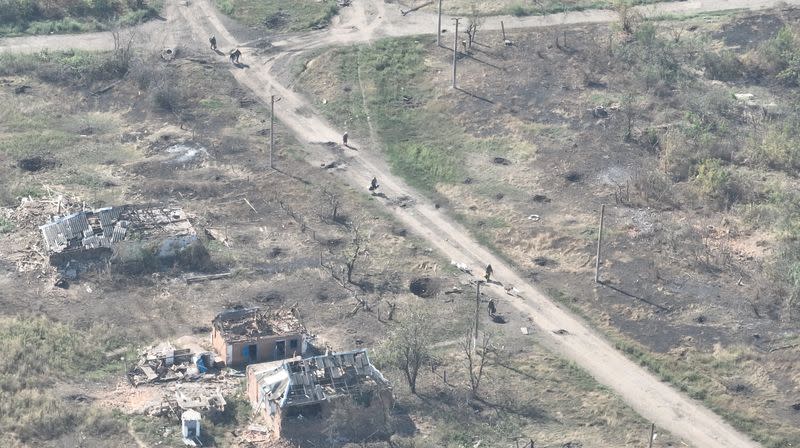 Ukrainian soldiers of the Separate Assault Battalion 'Skala' enter the embattled village of Robotyne
