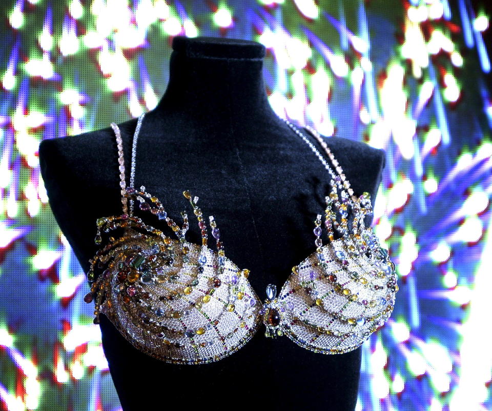 The $2 million Mouawad Victoria's Secret Fantasy Bra, dubbed the "Fireworks Fantasy Bra", is revealed at the Victoria's Secret store in Santa Monica, CA on Nov.2, 2015. The bra dazzles with over 6,500 precious gems of diamonds, blue topaz, yellow sapphires and pink quartz all set in 18-karat gold.&nbsp;