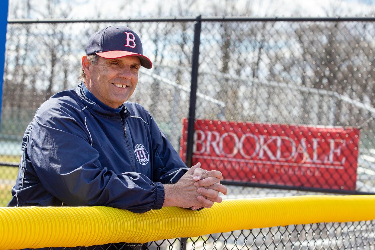 Brookdale head coach Johnny Johnson talks about celebrating his 800th career win before the Rowan College of South Jersey - Cumberland vs. Brookdale baseball game at Brookdale Community College in Lincroft, NJ Monday, March 18, 2024.