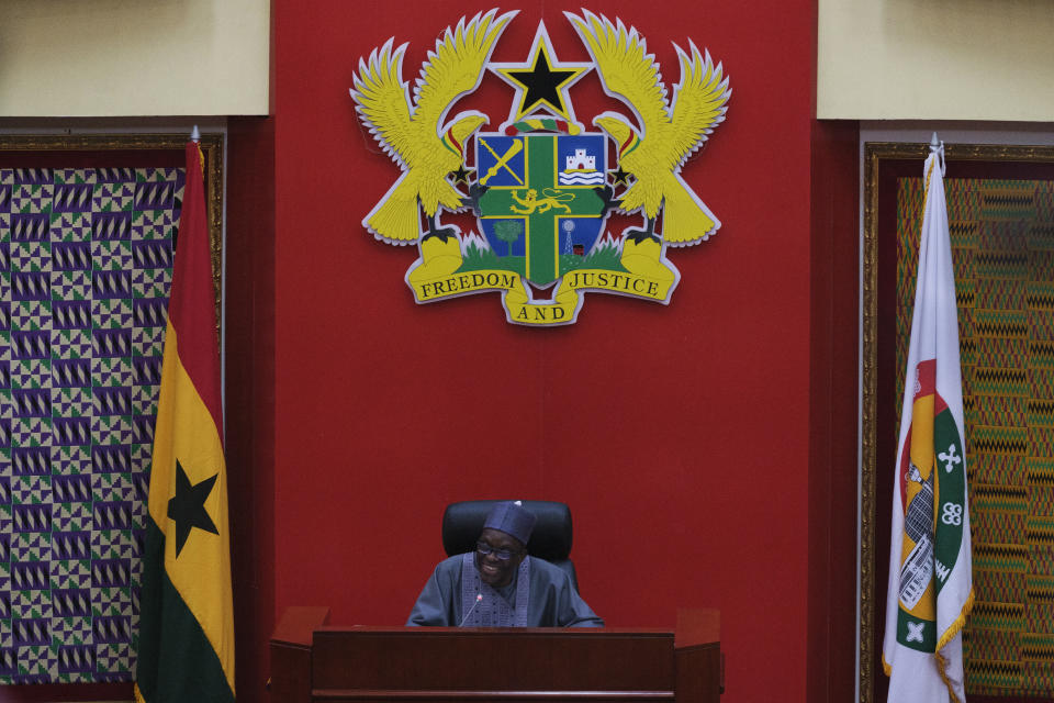 Speaker of Ghana Parliament Alban Sumana Bagbin speaks at the Parliament House in Accra, Wednesday, Feb. 28, 2024. Ghana's parliament passed a highly controversial anti-LGBTQ+ bill on Wednesday that could send some people to prison for more than a decade. The bill was introduced to parliament three years ago and criminalizes members of the LGBTQ+ community as well as its supporters, including promotion and funding of related activities and public displays of affection. (AP Photo/Misper Apawu)