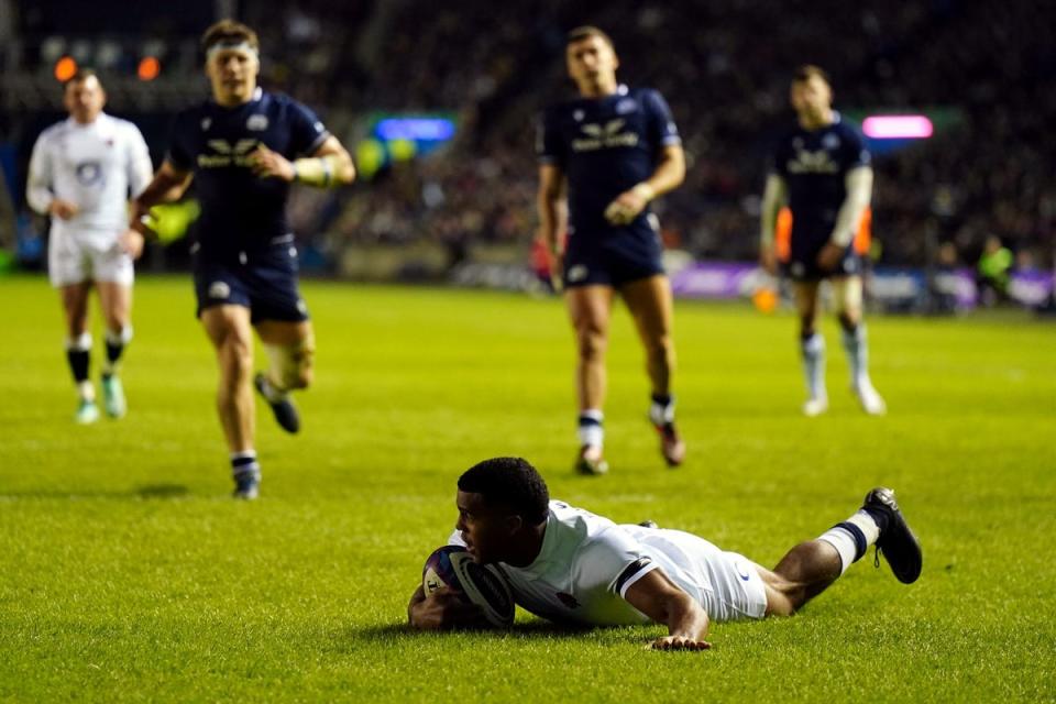 Immanuel Feyi-Waboso scores his maiden Test try in Scotland (Jane Barlow/PA Wire)