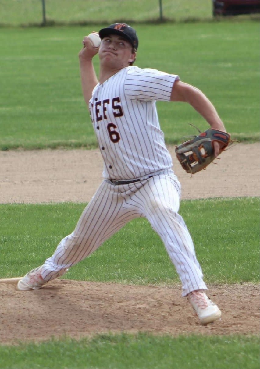 Cheboygan senior Tyler Balazovic fires a pitch during a baseball game at Newberry on Monday.