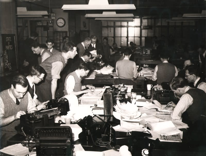 File photo from the Reuters archive shows journalists in the Reuters Newsroom during the 1950 British General Election