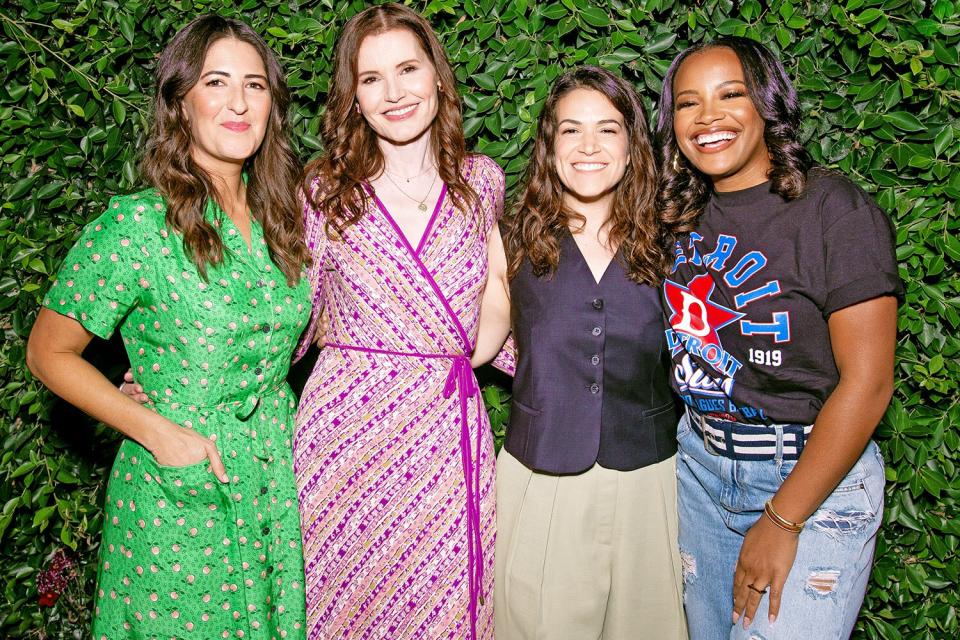 HOLLYWOOD, CALIFORNIA - AUGUST 06: D'Arcy Carden, Geena Davis, Abbi Jacobson and Chante Adams attend Cinespia's screening of 'A League of Their Own' held at Hollywood Forever on August 06, 2022 in Hollywood, California. (Photo by Kelly Lee Barrett/Getty Images)