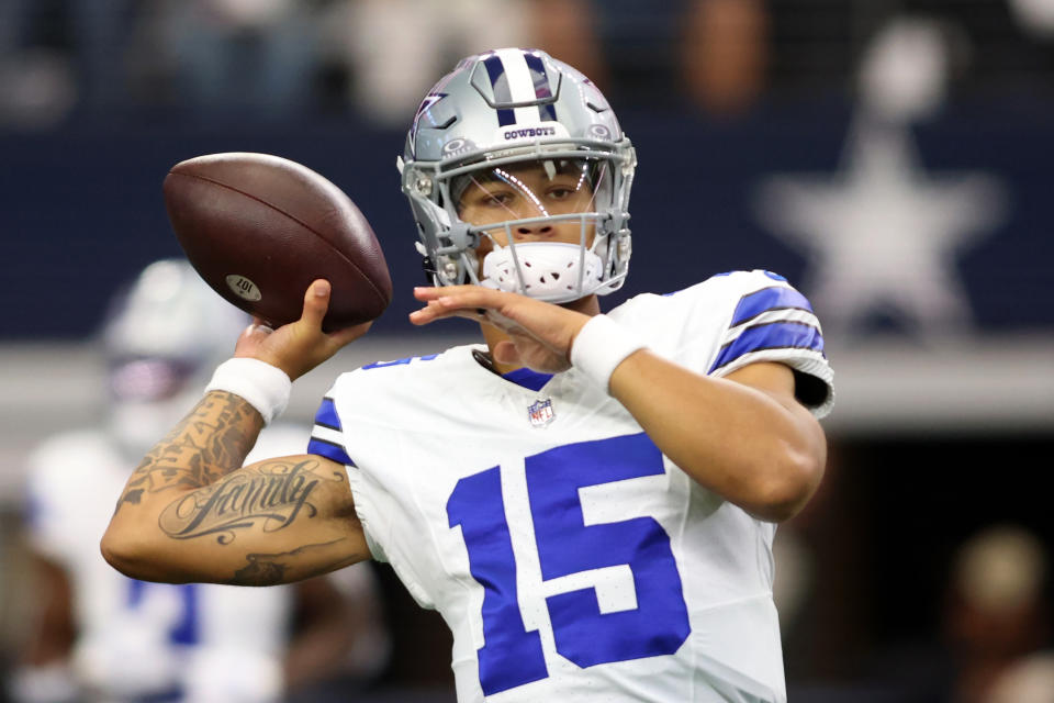 Sep 17, 2023; Arlington, Texas, USA; Dallas Cowboys quarterback Trey Lance (15) throws a pass before the game against the <a class="link " href="https://sports.yahoo.com/nfl/teams/ny-jets/" data-i13n="sec:content-canvas;subsec:anchor_text;elm:context_link" data-ylk="slk:New York Jets;sec:content-canvas;subsec:anchor_text;elm:context_link;itc:0">New York Jets</a> at AT&T Stadium. Mandatory Credit: Tim Heitman-USA TODAY Sports