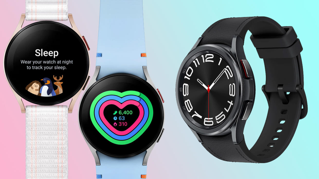  A pink and blue version of the Samsung Galaxy Watch FE next to an all black Samsung Galaxy Watch 6 model. 