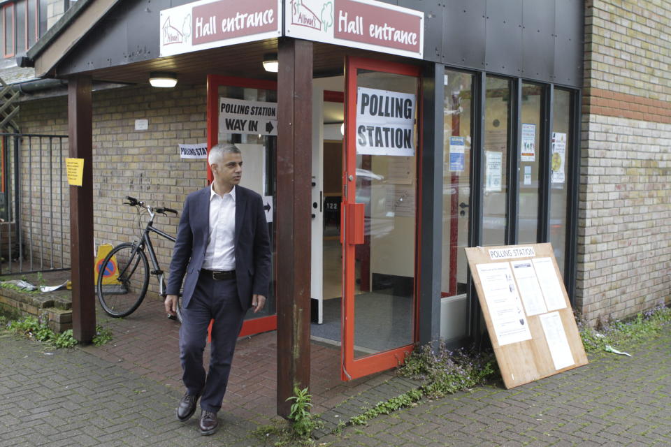 The Mayor of London Sadiq Khan leaves the polling station after having voted.&nbsp;