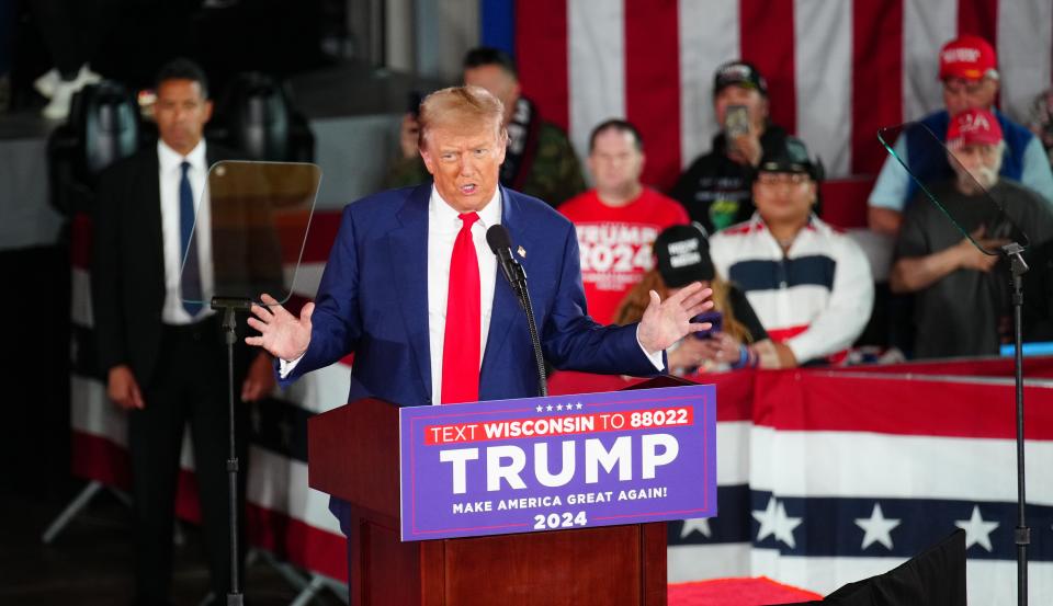 Former president Donald Trump addresses his supporters during a campaign rally on Wednesday, May 1, 2024 at the Waukesha County Expo Center in Waukesha, Wis.