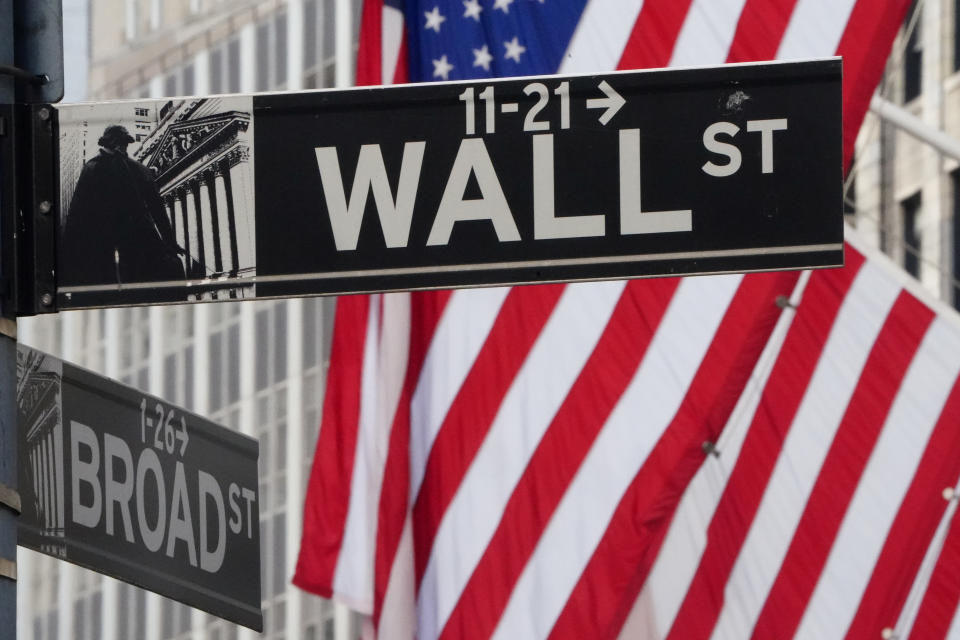 The Wall Street sign is pictured at the New York Stock exchange. Global stocks were lower on Thursday, including Wall Street and the FTSE