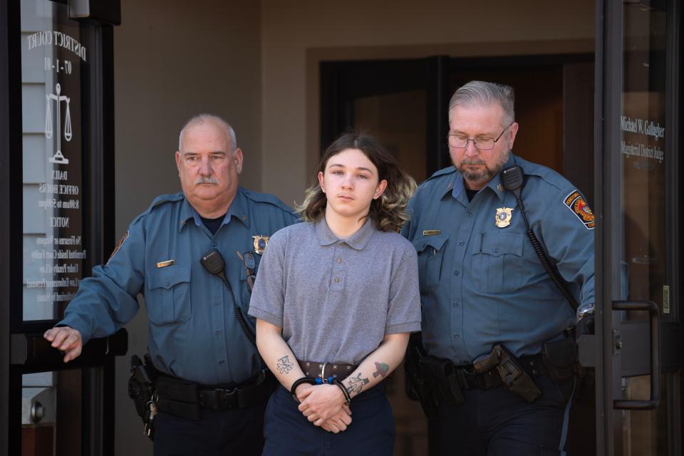 File - Ash Cooper, 17, of Bensalem, who will be tried as an adult for murder and other charges, leaves her preliminary hearing outside District Court in Bensalem on Monday, March 6, 2023. Cooper was charged with criminal homicide, possessing instrument of crime with intention and fabricating physical evidence.