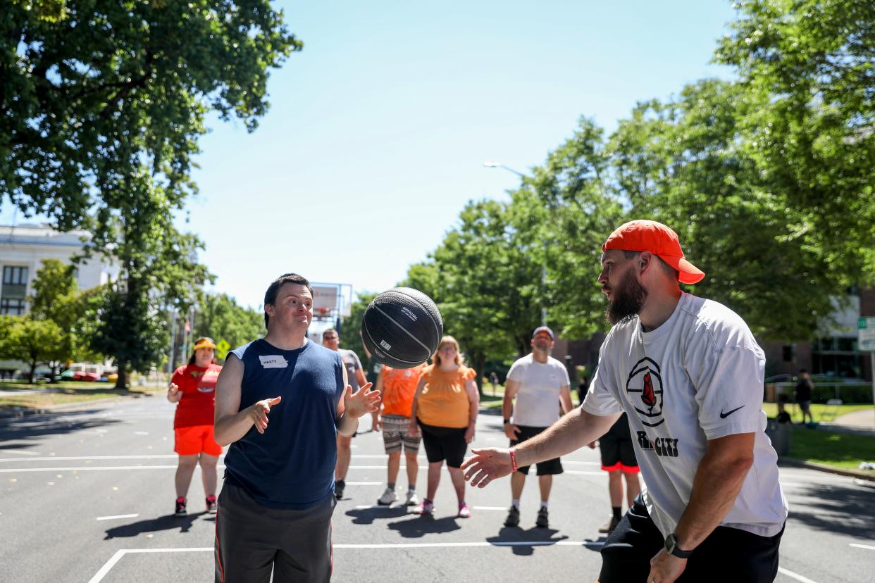 Marty Long participates in a shooting competition during Salem-Keizer Unified program’s clinic at Hoopla on Wednesday, July 26, 2023 in Salem, Ore.