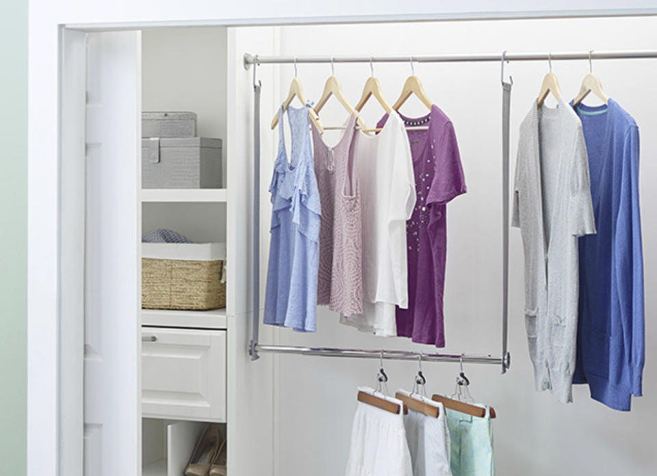 <body> <p>True to its name, a double closet hanging rod can instantly double hanging space in a cramped closet. To <a rel="nofollow noopener" href=" http://www.instructables.com/id/DIY-Double-Closet-Hanging-Rod/" target="_blank" data-ylk="slk:make and install one yourself;elm:context_link;itc:0;sec:content-canvas" class="link ">make and install one yourself</a>, attach one end of a chain to an existing rod, and the other end to a dowel rod. Then, hang your shirts, bags, and scarves on the second rod—no extra floor space required!</p> <p><strong>Related: <a rel="nofollow noopener" href=" http://www.bobvila.com/slideshow/15-sneaky-tricks-to-double-your-storage-space-50038?bv=yahoo" target="_blank" data-ylk="slk:15 Sneaky Tricks to Double Your Storage Space;elm:context_link;itc:0;sec:content-canvas" class="link ">15 Sneaky Tricks to Double Your Storage Space</a> </strong> </p> </body>