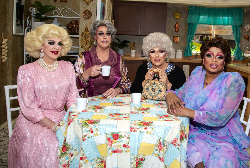 <p>Pandora Boxx, Tempest Dujour, Mrs. Kasha Davis and Kennedy Davenport get into character as the Golden Girls during RuPaul's DragCon at the Los Angeles Convention Center on May 15. </p>