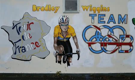 A Bradley Wiggins mural is seen on the wall of a pub near to his home in Eccleston, northern England November 8, 2012. REUTERS/Phil Noble