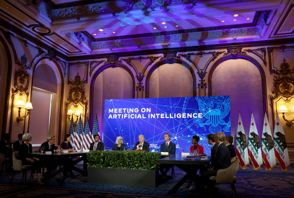 SAN FRANCISCO, CALIFORNIA - JUNE 20: President Joe Biden meets with AI experts and researchers at the Fairmont Hotel in San Francisco, Calif., on Tuesday, June 20, 2023. Gov. Gavin Newsom, to the right of Biden, was also in attendance. (Jane Tyska/Digital First Media/East Bay Times via Getty Images)