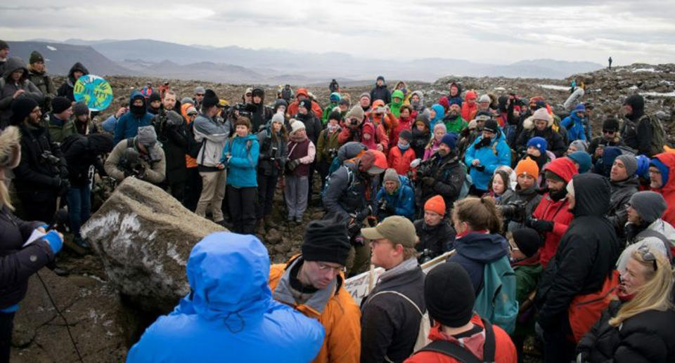 Huge group shown gathered as monument unveiled in Iceland after its first glacier melted away.