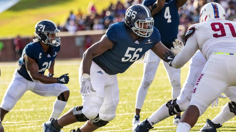 Georgia Southern offensive lineman Brian Miller (No. 56), a Memorial Day School graduate, shown in action against South Carolina State at Paulson Stadium in Statesboro.