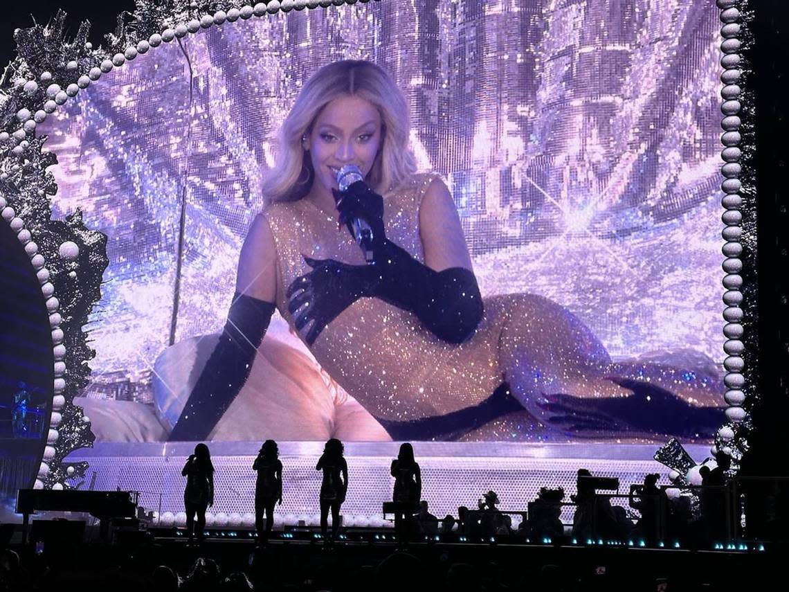 A shot of Beyonce’s famous “hands on” body suit during her Renaissance World Tour show at Allegiant Stadium on Saturday, Aug. 26, 2023, in Las Vegas. John Katsilometes/Las Vegas Review-Journal/TNS