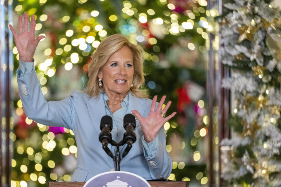 First lady Jill Biden speaks during the unveiling of the White House holiday decorations, in the Grand Foyer of the White House, Monday, Nov. 27, 2023, in Washington. (AP Photo/Jacquelyn Martin)
