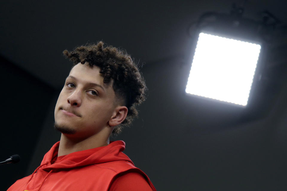 Kansas City Chiefs quarterback Patrick Mahomes addresses the media at a news conference Wednesday, Jan. 22, 2020 at Arrowhead Stadium in Kansas City, Mo. The Chiefs will face the San Francisco 49ers in Super Bowl 54. (AP Photo/Charlie Riedel)