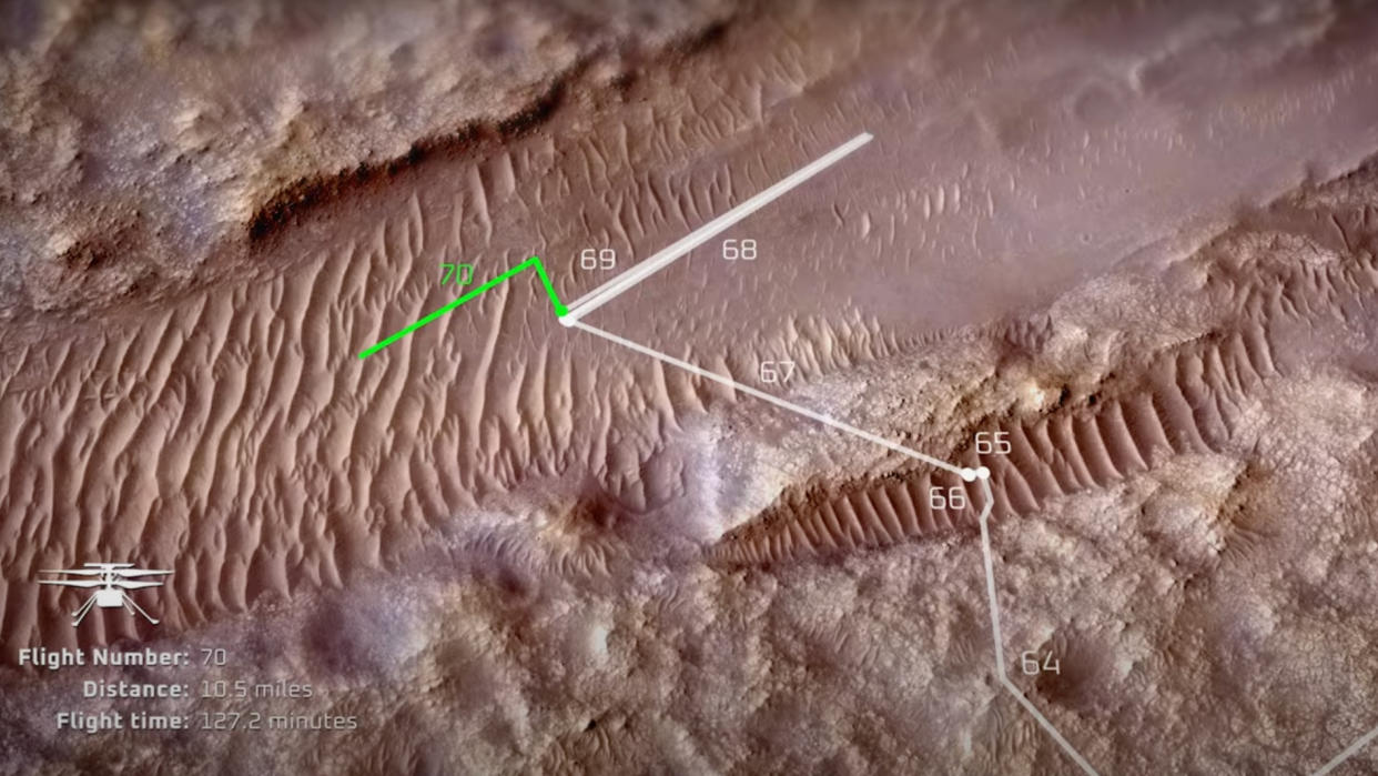  Flight map for nasa's ingenuity mars helicopter, showing white and green lines superimposed over a landscape of sand dunes and other rough terrain. 