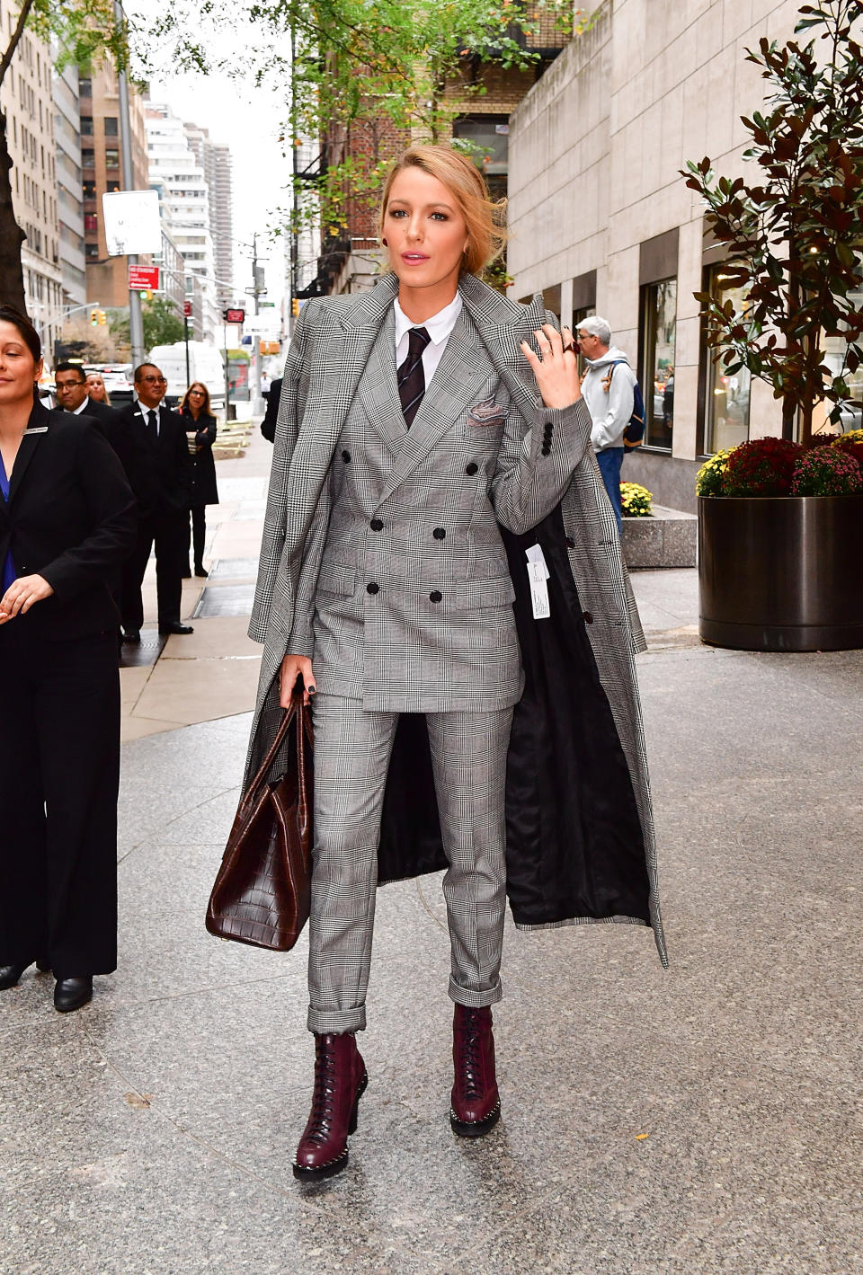 A different look for Blake came next. She stepped out of yet another hotel wearing a three-piece Ralph Lauren suit from the designer’s menswear collection.