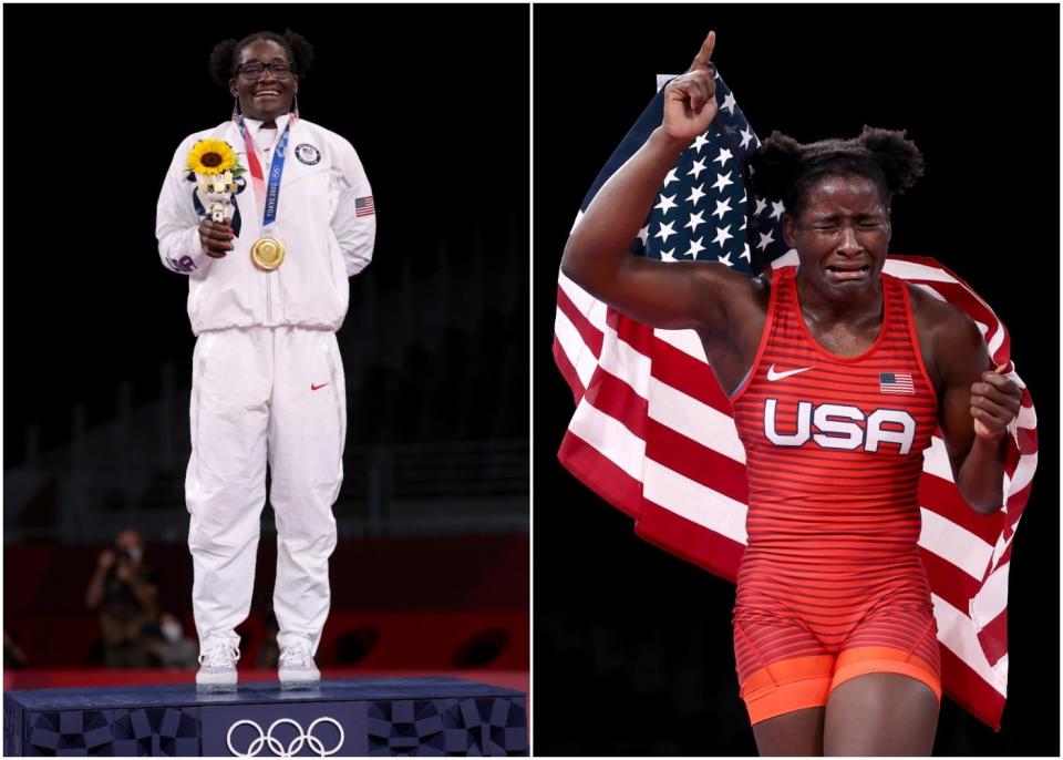 Team USA's Olympic gold medalist in wrestling Tamyra Mensah-Stock pictured wearing her gold medal on the podium and carrying the American flag after winning her match.