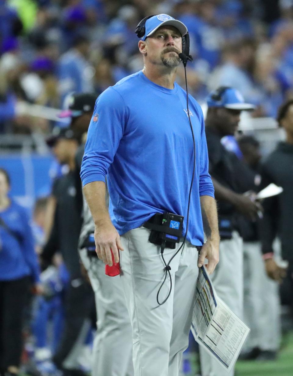 Detroit Lions head coach Dan Campbell on the sidelines during action against the Carolina Panthers at Ford Field in Detroit on Sunday, Oct, 8, 2023.