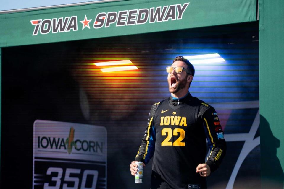 NASCAR Cup Series driver Joey Logano (22) is introduced wearing a Caitlin Clark Iowa jersey on Sunday, June 16, 2024, at the Iowa Speedway in Newton.