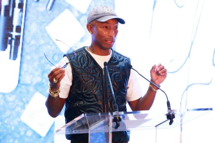 Pharrell Williams is pictured during his speech at the The Met Costume Institute Press Presentation as part of Paris Fashion Week on Sept. 30, 2022, in Paris, France. (Photo by Julien M. Hekimian/Getty Images)