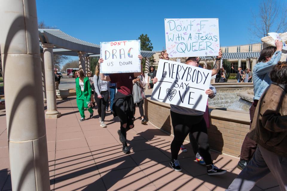Students at West Texas A&M University held a protest Tuesday on campus in response to the university's president canceling an on-campus drag show in Canyon.