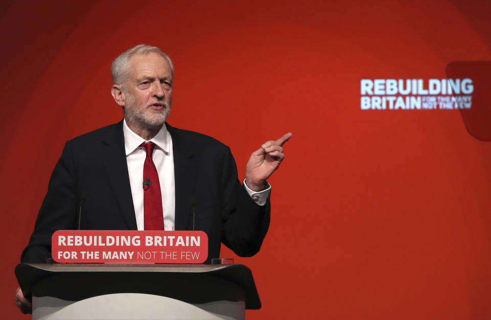 Britain's main opposition Labour Party leader Jeremy Corbyn gives his keynote speech at the Labour Party's annual conference in Liverpool, England, Wednesday Sept. 26, 2018. (Peter Byrne/PA via AP)