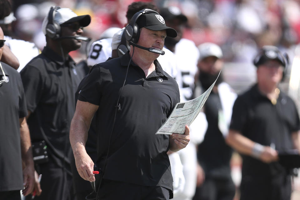 Las Vegas Raiders head coach Jon Gruden looks on during the second half of an NFL preseason football game against the San Francisco 49ers in Santa Clara, Calif., Sunday, Aug. 29, 2021. (AP Photo/Jed Jacobsohn)