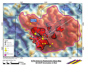 Plan map of the Amsel property with permitted drill pads, occurrences of sericite mineral alteration and the 3D DCIP anomalies plotted on a potassium/thorium radiometric basemap from the 2018 airborne survey. The white line is the IP profile in Figure 2. Also shown is geochemistry from a 2019 grab sample taken by VR in the alteration halo of the target.