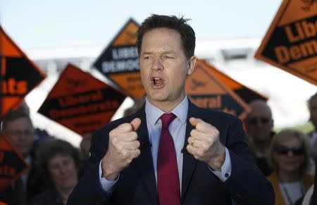 Britain's deputy Prime Minister and Liberal Democrat Party leader Nick Clegg speaks during a campaign event at the Ageas Bowl in Southampton, southern England April 27, 2015. REUTERS/Suzanne Plunkett