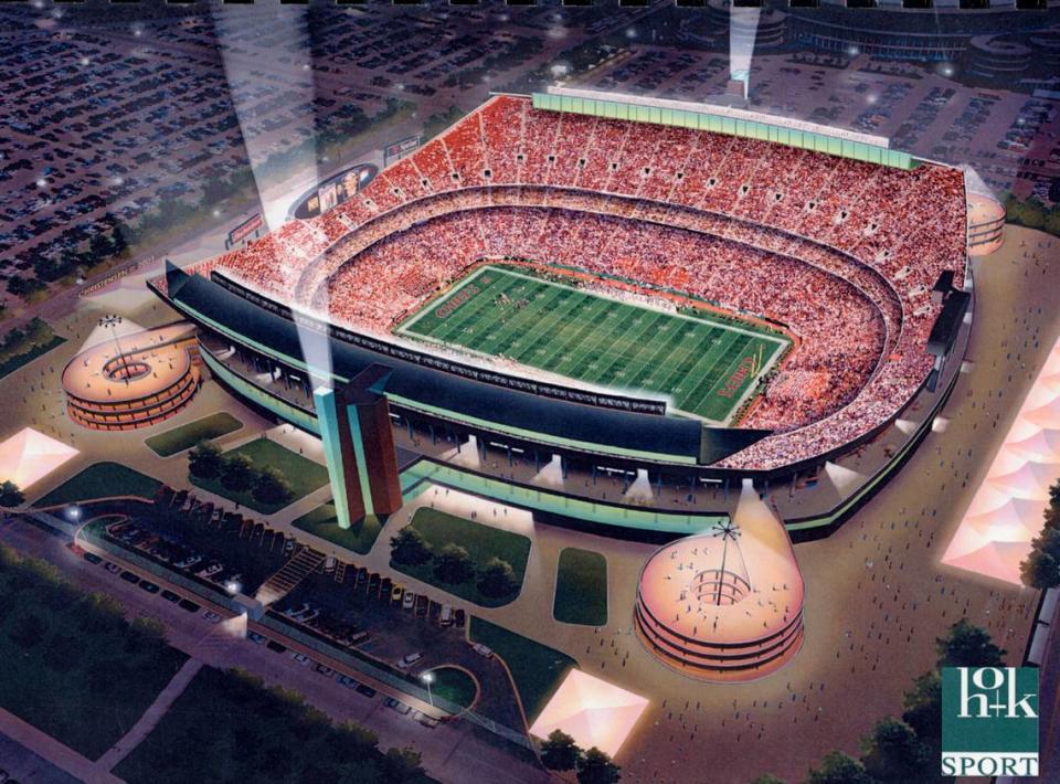 A rendering from 2001 shows a concept for renovations to Arrowhead Stadium. This concept from HOK Sports featured beacon towers at the stadium entrances. HOK SPORTS