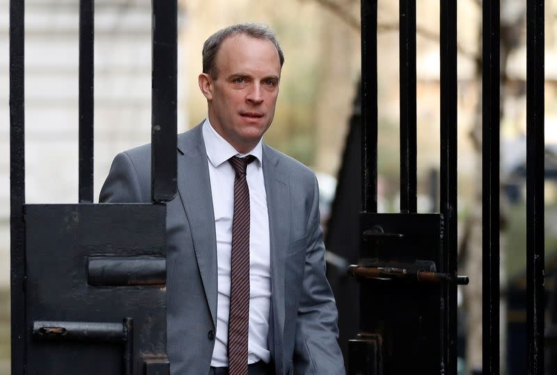 Britain's Secretary of State for Foreign affairs Dominic Raab is seen outside Downing Street in London