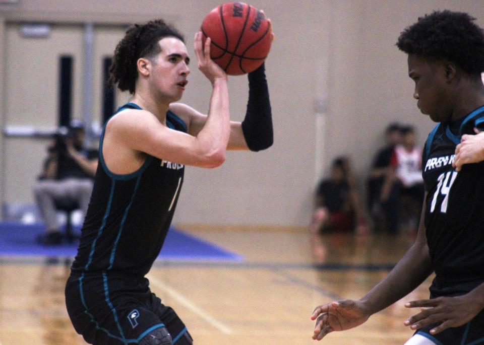 Providence guard Chris Arias (1) takes a shot during the Fortegra High School 9:12 Invitational boys basketball final against Episcopal on December 9, 2023. [Clayton Freeman/Florida Times-Union]