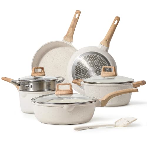 CAROTE Pots and Pans Set Nonstick, White Granite Induction Kitchen Cookware Set, 10 Pcs Non Sti…