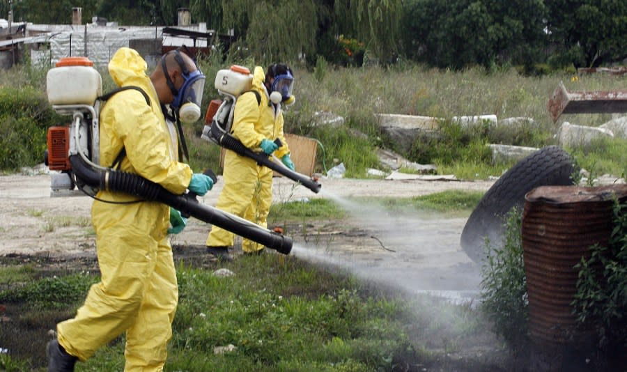 Two men wearing yellow coveralls and gas masks use backpack-mounted sprayers to apply an insecticide.