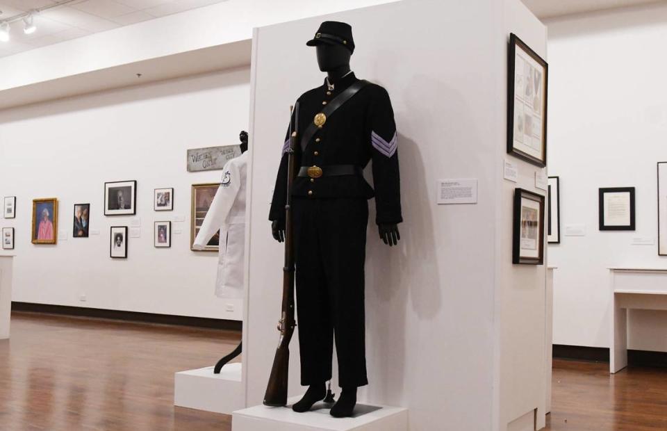 A 1864 Union Army Uniform sits in the Untold Stories exhibit at the Tubman African American Museum on Tuesday, June 18, 2024, in Macon, Georgia. The uniform, originally belonging to Lonnie Davis, represents the Georgia African Brigade, three Black Union regiments that organized in Macon during the Civil War.