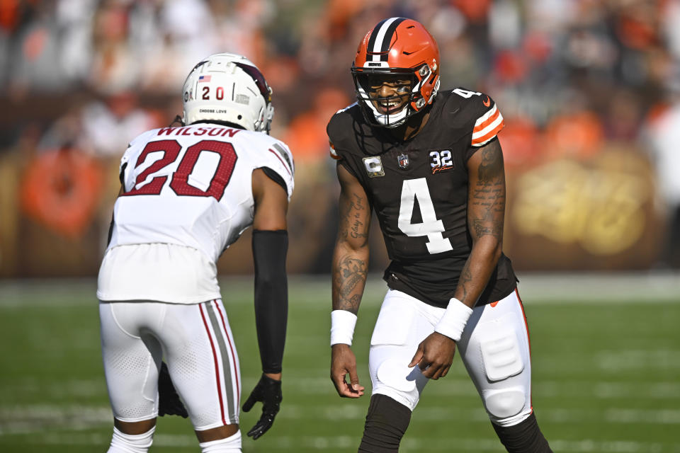 Cleveland Browns quarterback Deshaun Watson (4) lines up as a wide receiver against Arizona Cardinals cornerback Marco Wilson (20) during the first half of an NFL football game Sunday, Nov. 5, 2023, in Cleveland. (AP Photo/David Richard)