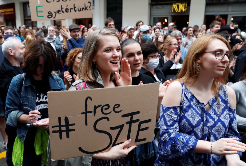 Students attend a protest against threats to academic freedom in Budapest