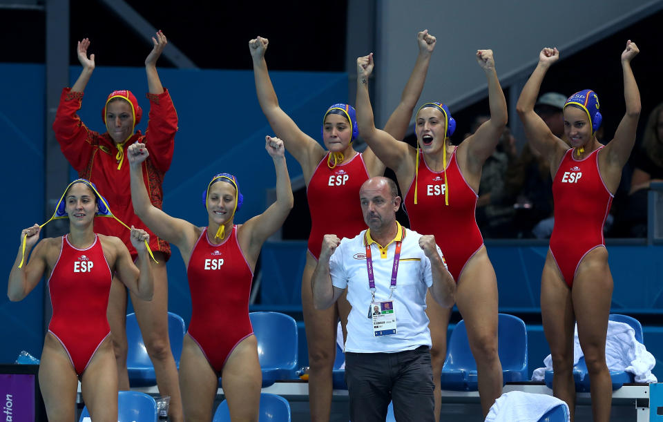 LONDON, ENGLAND - AUGUST 07: Spanish players celebrate winning the Women's Water Polo semifinal match between Spain and Hungary at the Water Polo Arena on August 7, 2012 in London, England. (Photo by Clive Rose/Getty Images)