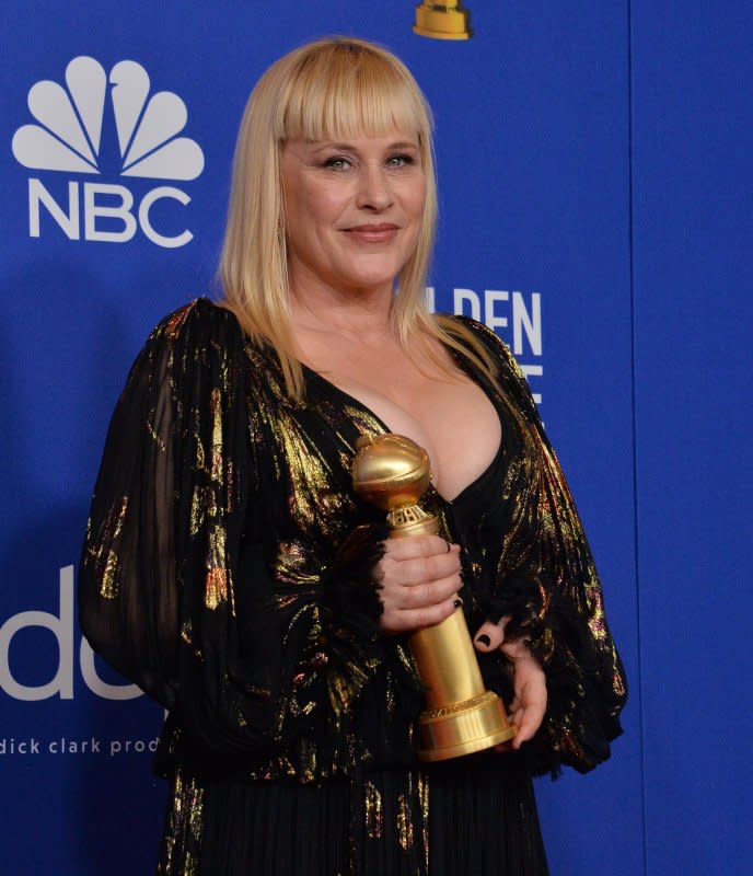 Patricia Arquette appears backstage after winning the award for Best Performance by an Actress in a Supporting Role in a Series, Limited Series or Motion Picture Made for Television for "The Act" during the 77th annual Golden Globe Awards on January 5, 2020, at the Beverly Hilton Hotel in California. The actor turns 56 on April 8. File Photo by Jim Ruymen/UPI